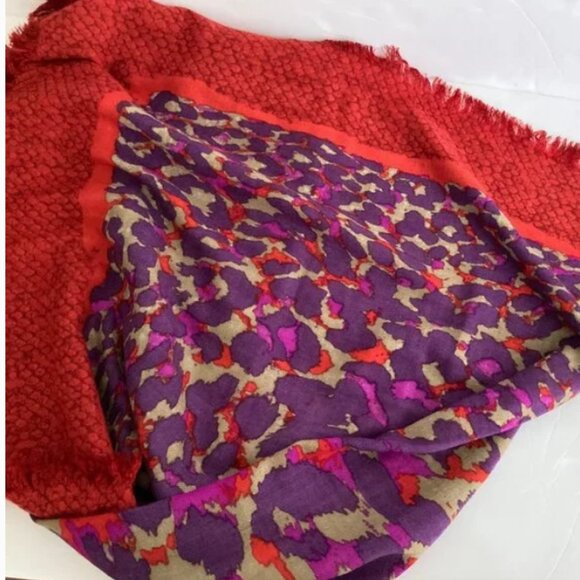 Coach Red Purple Magenta Wool Scarf Shawl Pashima Fringe 50" X 50" - Picture 6 of 11